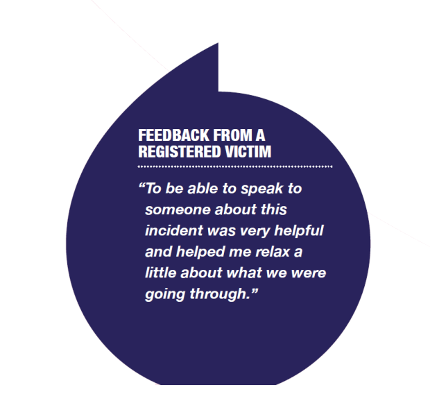 Graphic of Feedback from victim: “ To be able to speak to someone about this incident was very helpful and helped me relax a little about what we were going through.”