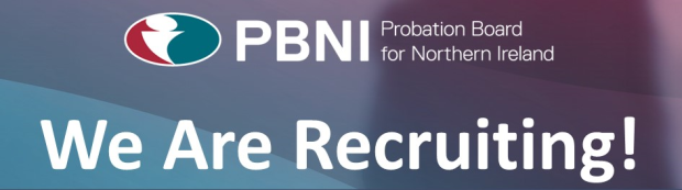 Graphic with blue, purple, green and blue background and the Probation Board for Northern Ireland logo. The text says We are recruiting 